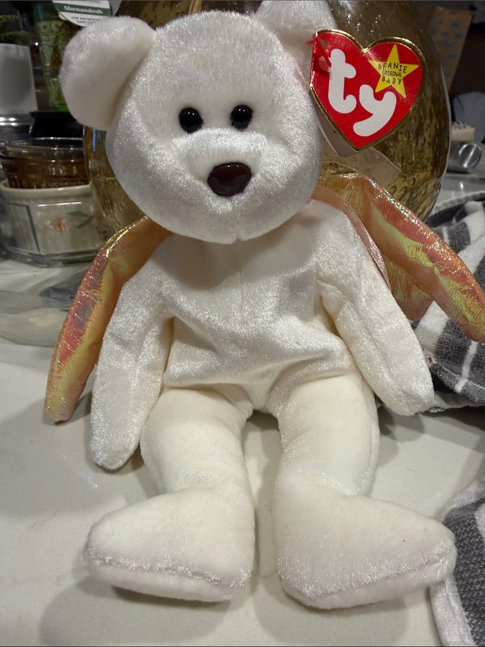 TY White HALO Bear with Iridescent Pink-Gold Wings